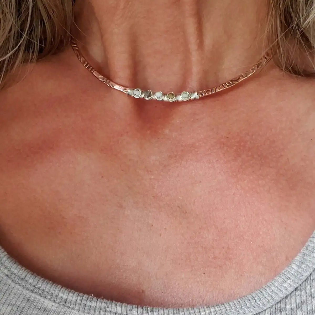 Ergonomic Copper Sculpted Embossed Wire Gemstone Choker