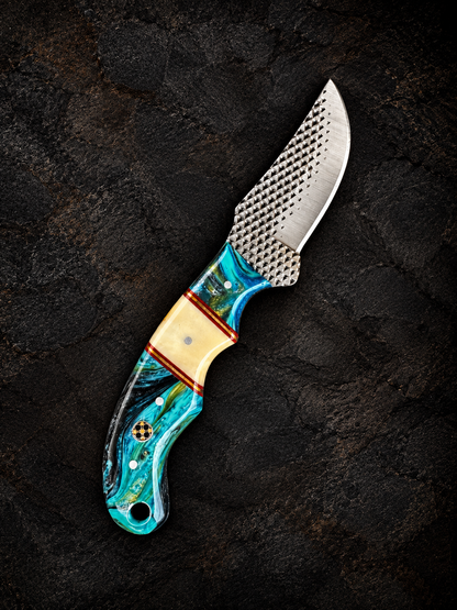 Titan "Lagoon Swirl" Resin Skinner | High Carbon RASP Steel Blade, Teal Resin Handle TIK-001