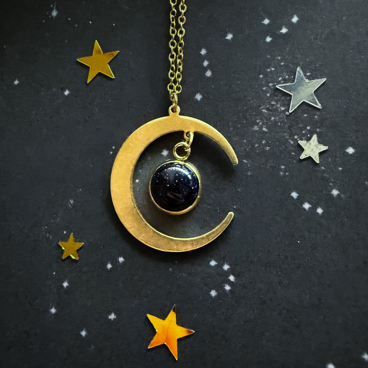 Starlit Crescent Necklace With Blue Sandstone