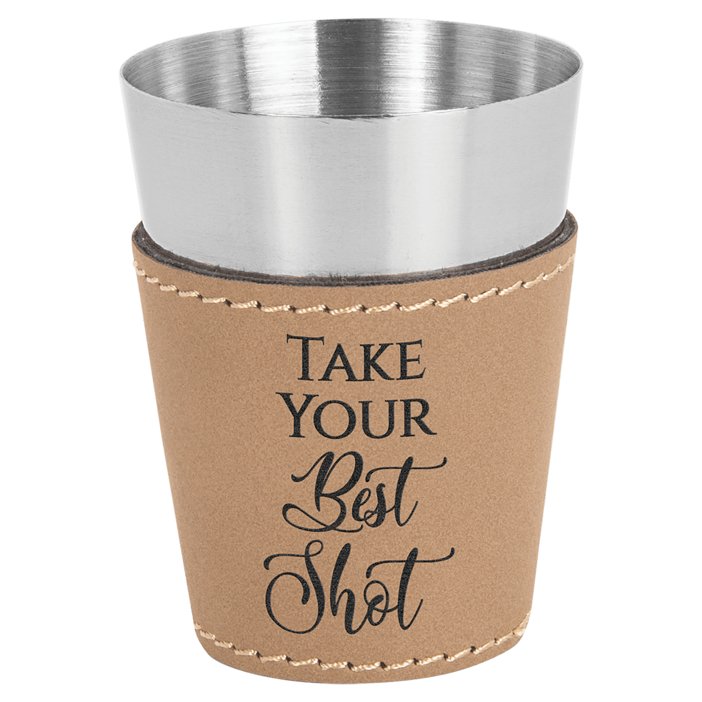 2 Oz. Light Brown Laserable Leatherette & Stainless Steel Shot Glass