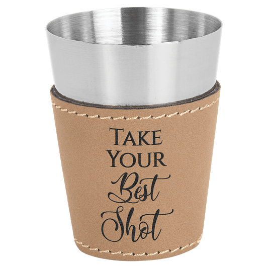 2 Oz. Light Brown Laserable Leatherette & Stainless Steel Shot Glass