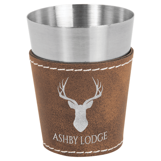 2 Oz. Rustic/Silver Laserable Leatherette & Stainless Steel Shot Glass