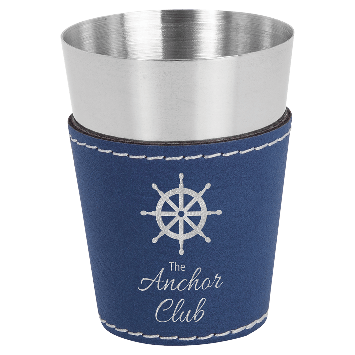 2 Oz. Blue/Silver Laserable Leatherette & Stainless Steel Shot Glass