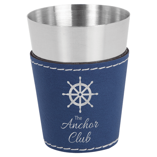 2 Oz. Blue/Silver Laserable Leatherette & Stainless Steel Shot Glass