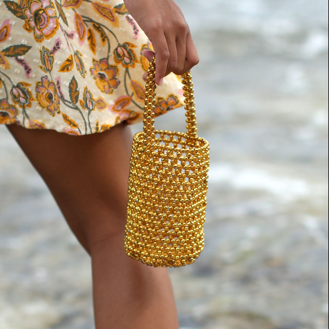 GOLDA Metallic Beads Bucket Bag in Gold