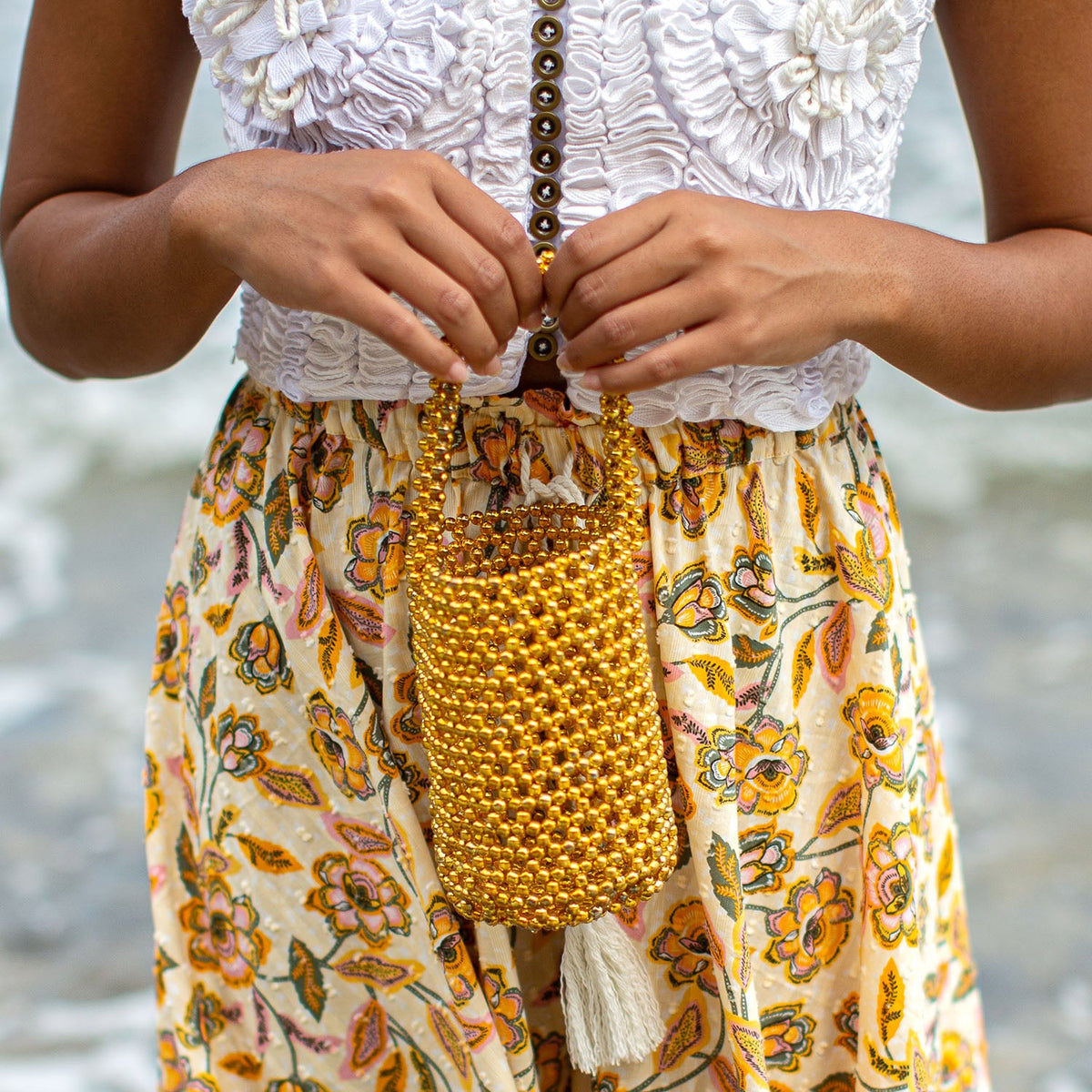 GOLDA Metallic Beads Bucket Bag in Gold