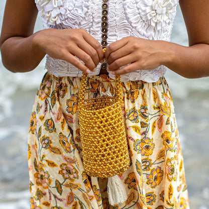 GOLDA Metallic Beads Bucket Bag in Gold