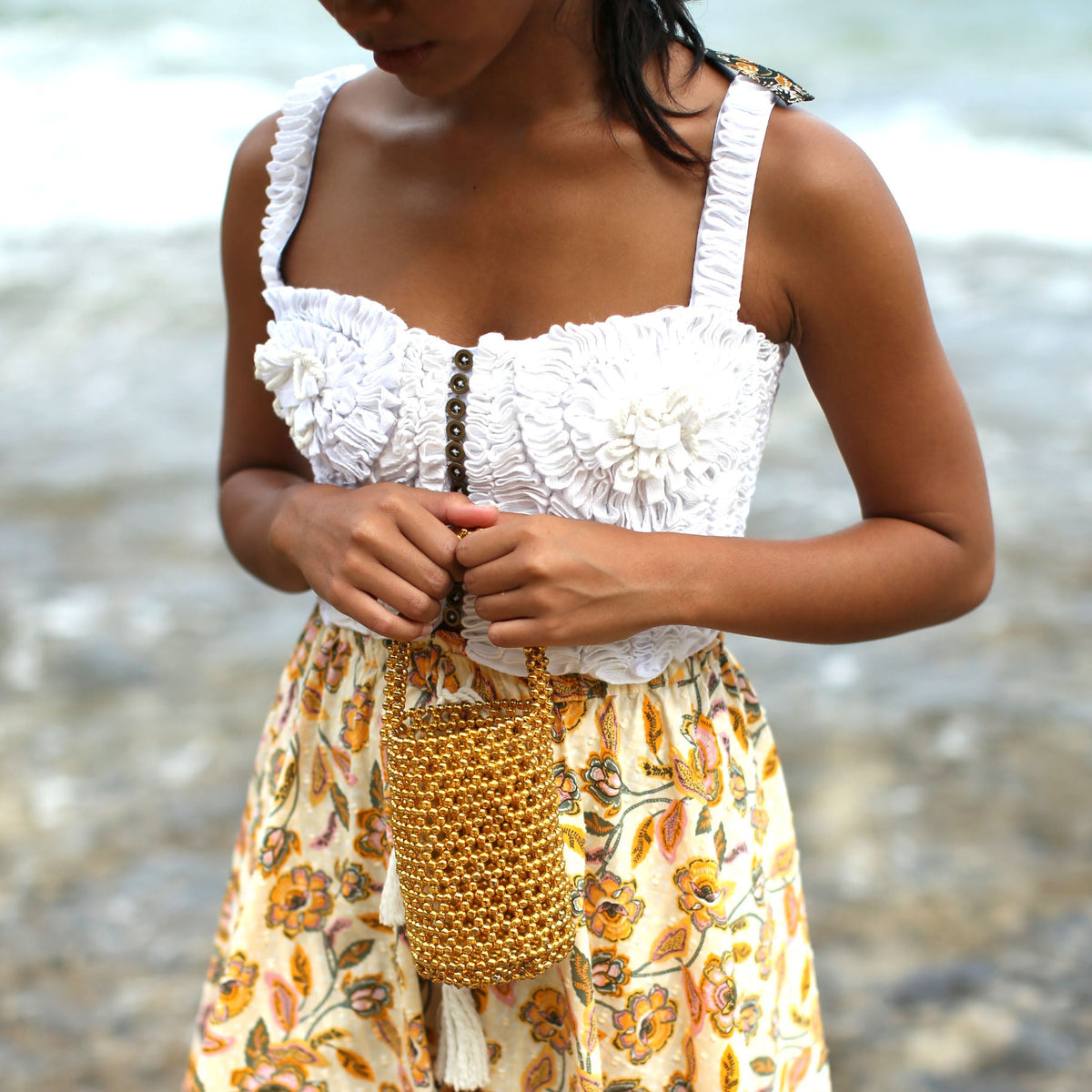 GOLDA Metallic Beads Bucket Bag in Gold