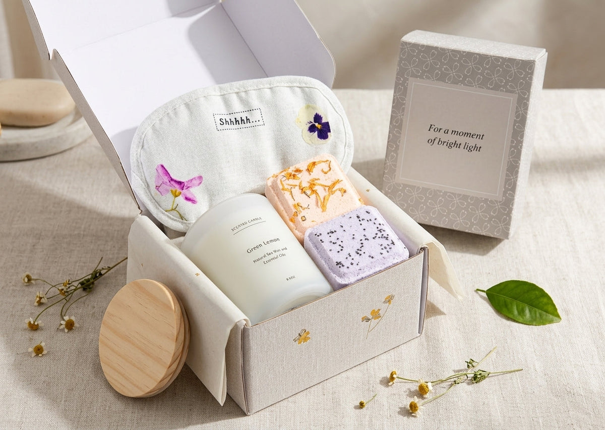 Green Lemon Spa Gift Box – Candle, Shower Steamers & Eye Mask