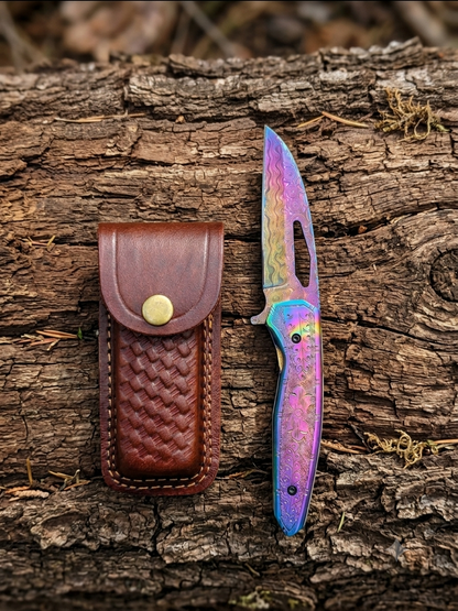 Titan Aurora Damascus Folding Knife With Engraved Rainbow Handle & Leather Sheath TF-108