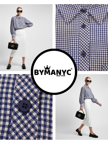 Gingham Check Shirt With Elastic Hem and Puff Sleeves • BYMANYC ® New York