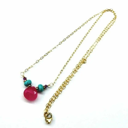 Pink Chalcedony Drop and Turquoise Gold Filled Necklace