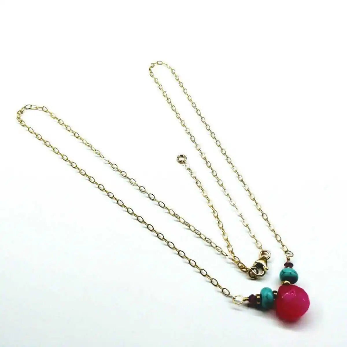Pink Chalcedony Drop and Turquoise Gold Filled Necklace
