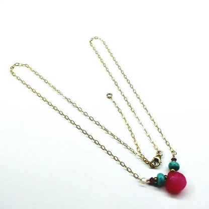 Pink Chalcedony Drop and Turquoise Gold Filled Necklace