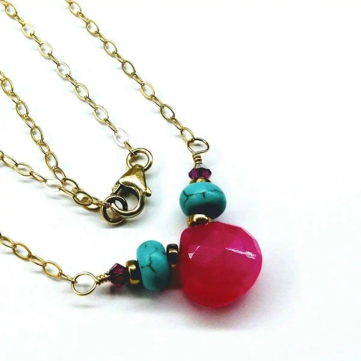 Pink Chalcedony Drop and Turquoise Gold Filled Necklace