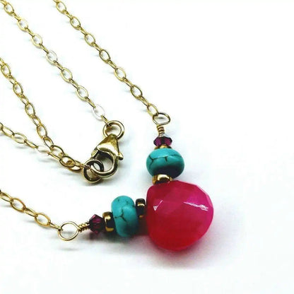 Pink Chalcedony Drop and Turquoise Gold Filled Necklace
