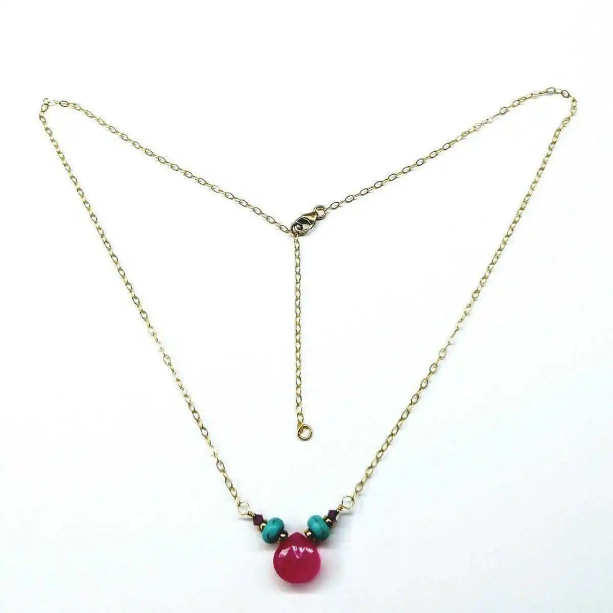 Pink Chalcedony Drop and Turquoise Gold Filled Necklace