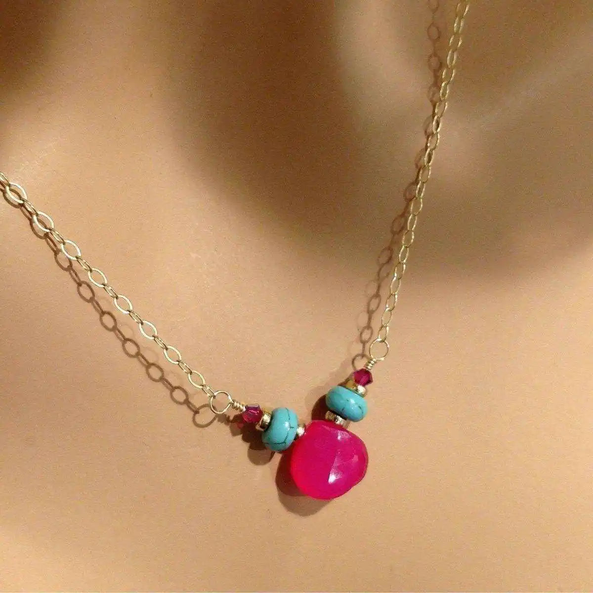 Pink Chalcedony Drop and Turquoise Gold Filled Necklace