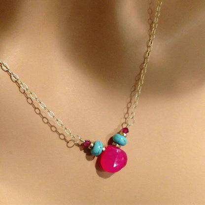 Pink Chalcedony Drop and Turquoise Gold Filled Necklace