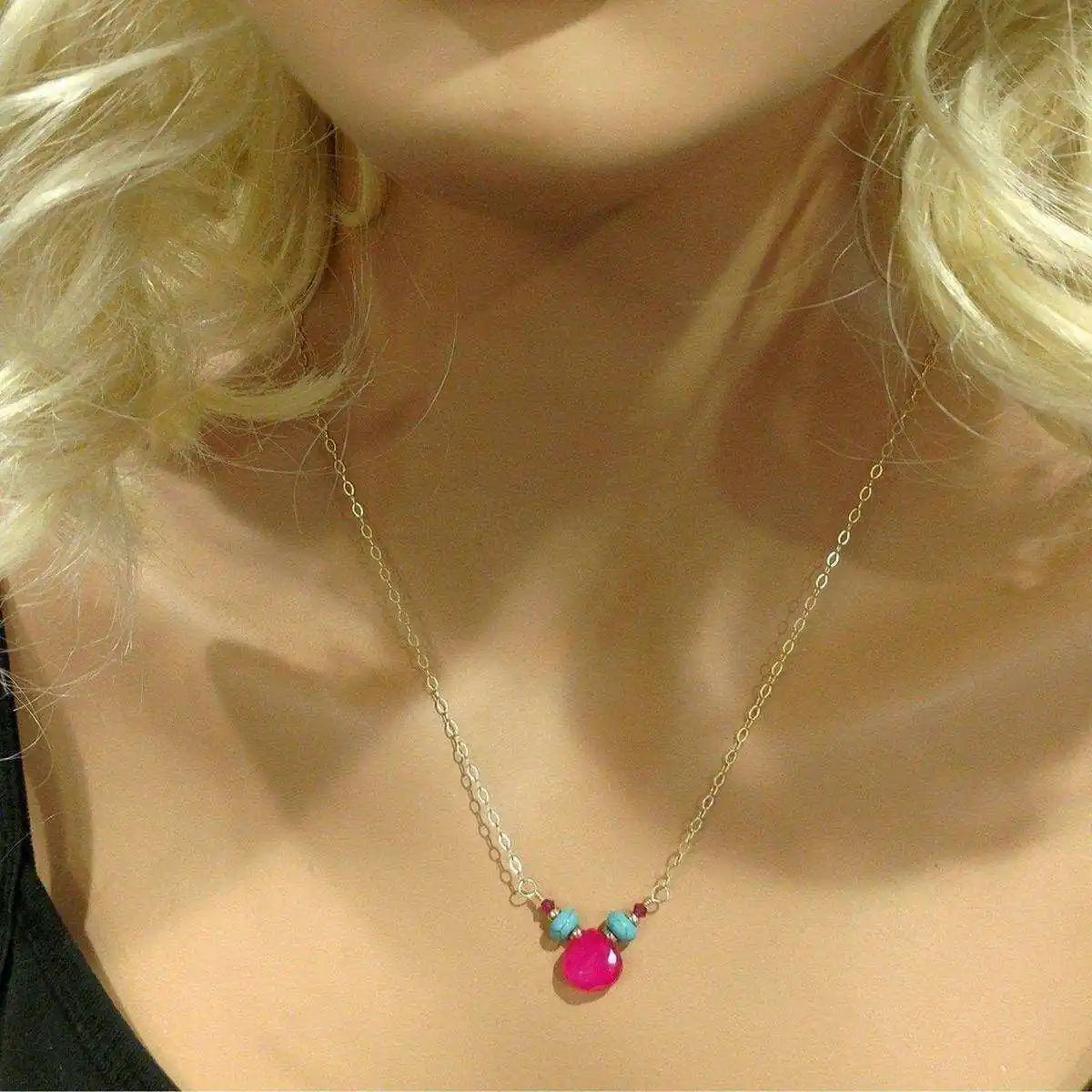 Pink Chalcedony Drop and Turquoise Gold Filled Necklace