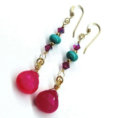 Gold Filled Wire Wrapped Pink Turquoise Gemstone Earrings