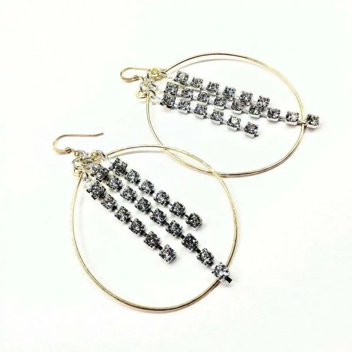 Hammered 14 K Gold Filled Oval Hoop Crystal Chain Earrings