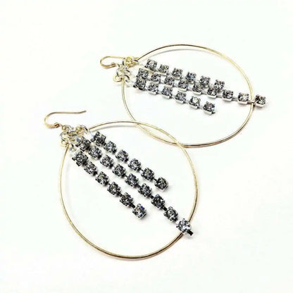 Hammered 14 K Gold Filled Oval Hoop Crystal Chain Earrings