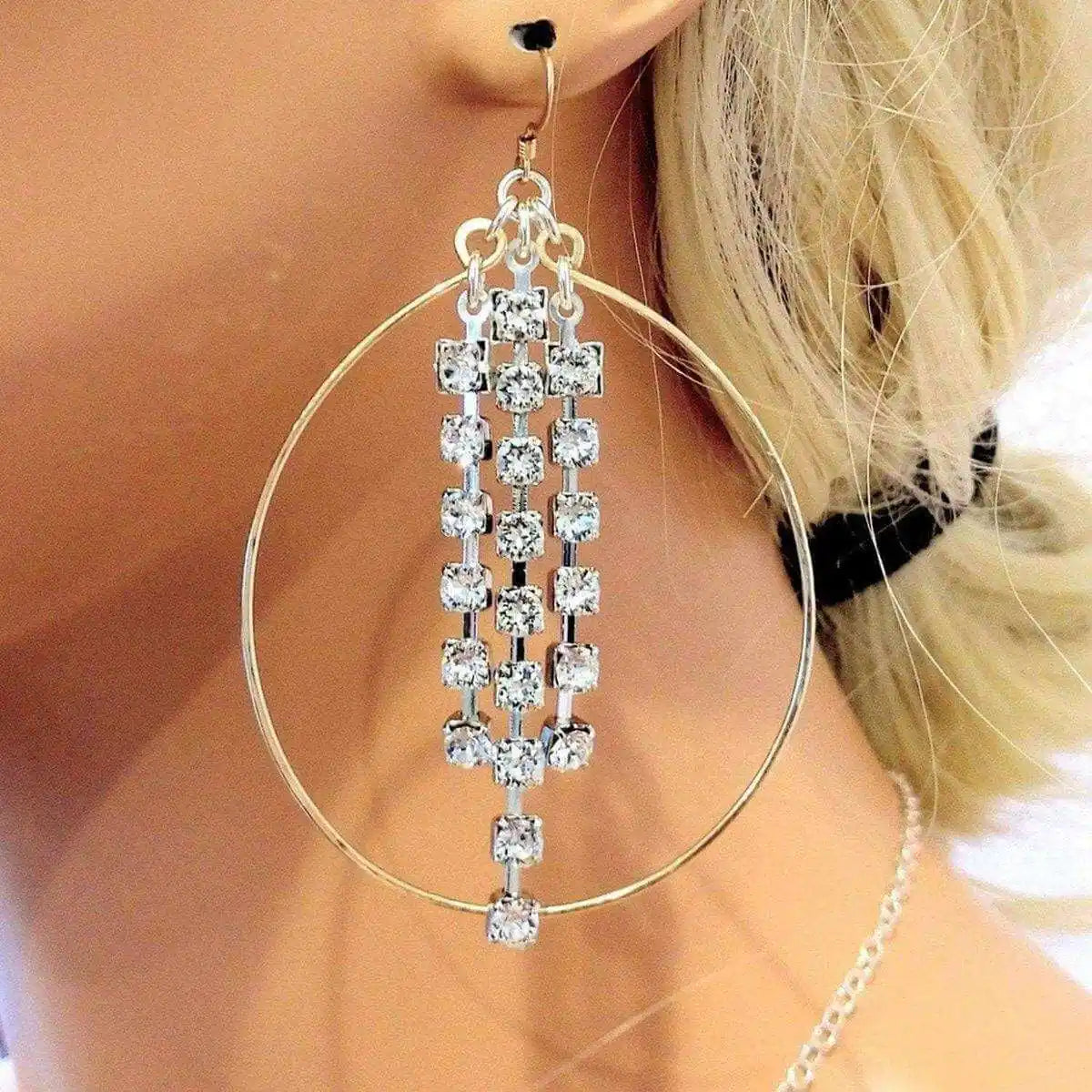Hammered 14 K Gold Filled Oval Hoop Crystal Chain Earrings