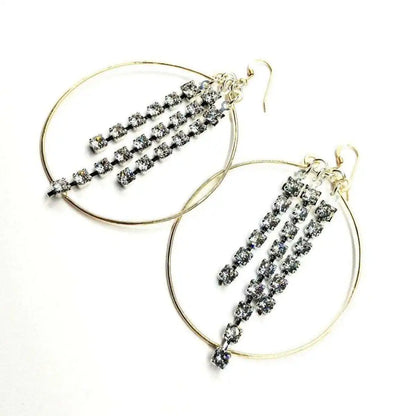 Hammered 14 K Gold Filled Oval Hoop Crystal Chain Earrings