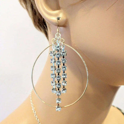Hammered 14 K Gold Filled Oval Hoop Crystal Chain Earrings
