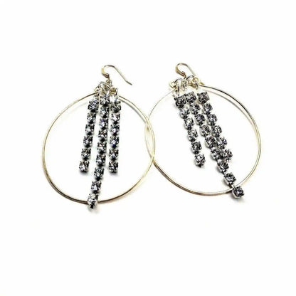 Hammered 14 K Gold Filled Oval Hoop Crystal Chain Earrings