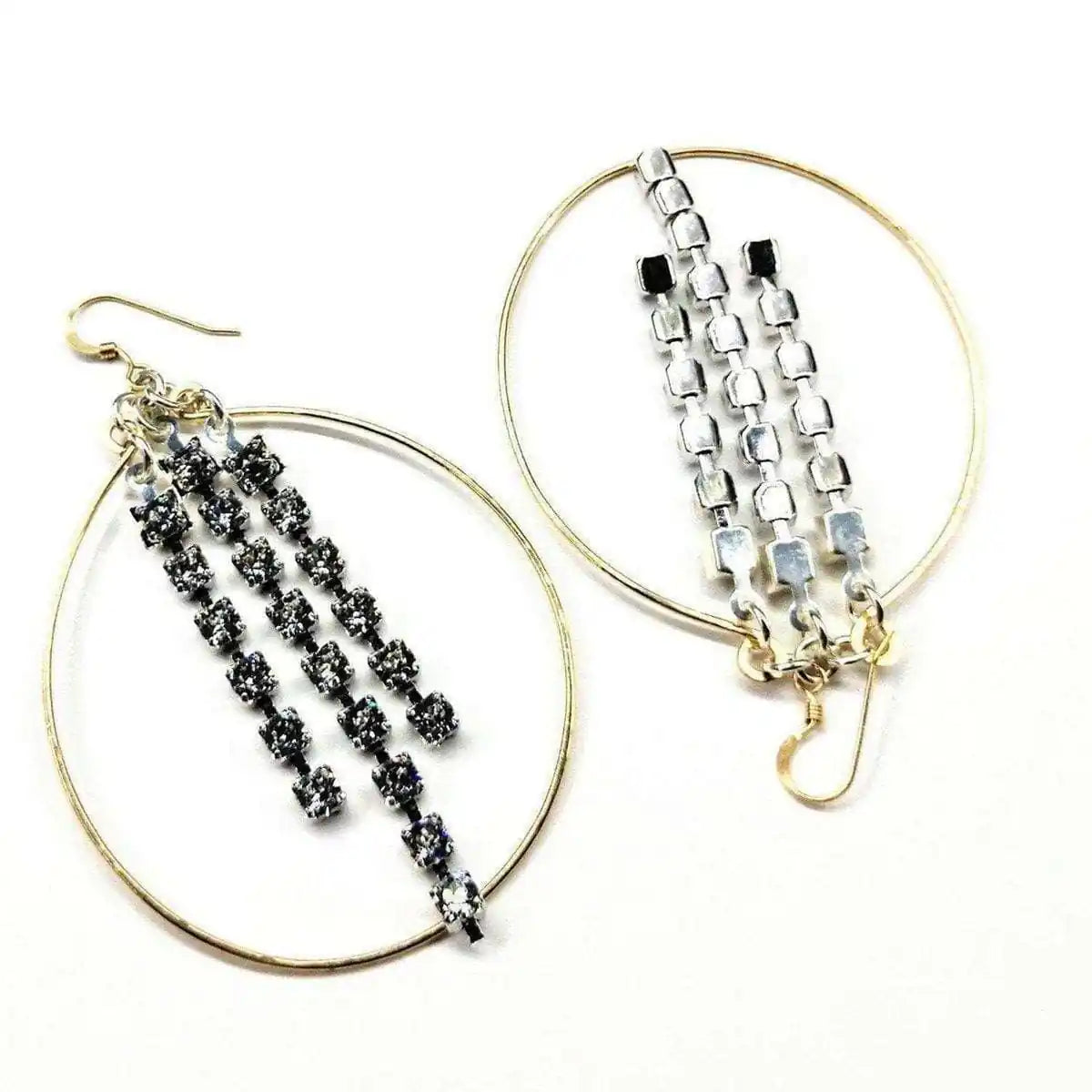 Hammered 14 K Gold Filled Oval Hoop Crystal Chain Earrings
