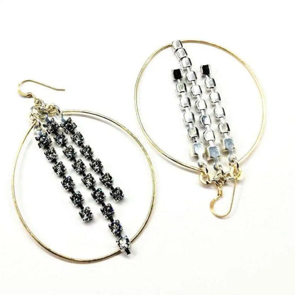 Hammered 14 K Gold Filled Oval Hoop Crystal Chain Earrings
