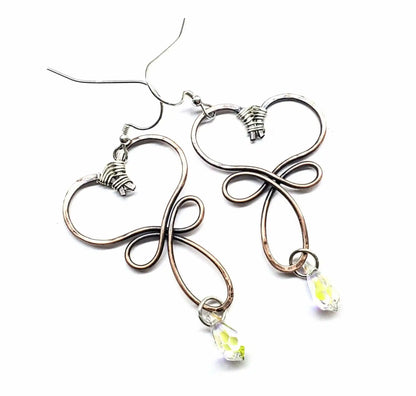 Handmade Copper Wire Sculpted Heart Crystal Drop Earrings