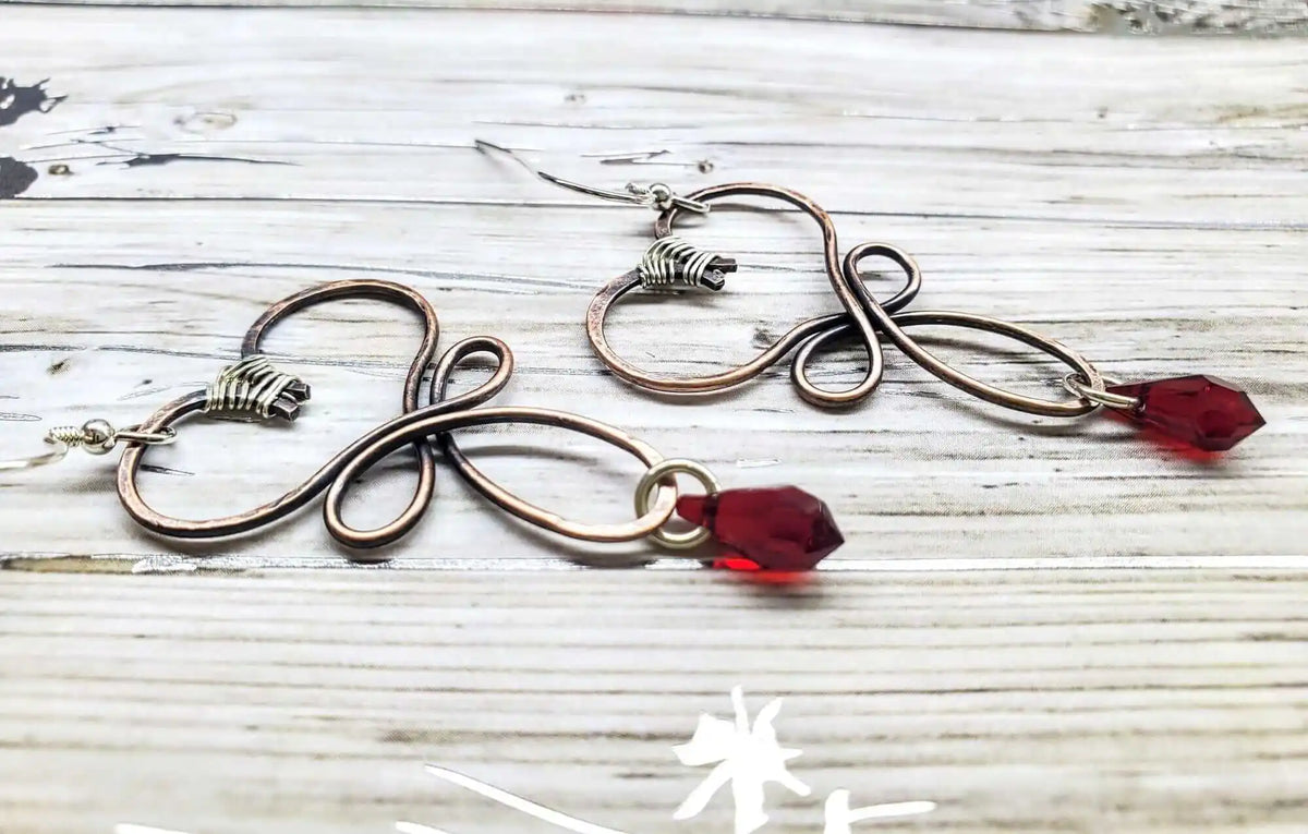 Handmade Copper Wire Sculpted Heart Crystal Drop Earrings