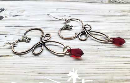 Handmade Copper Wire Sculpted Heart Crystal Drop Earrings