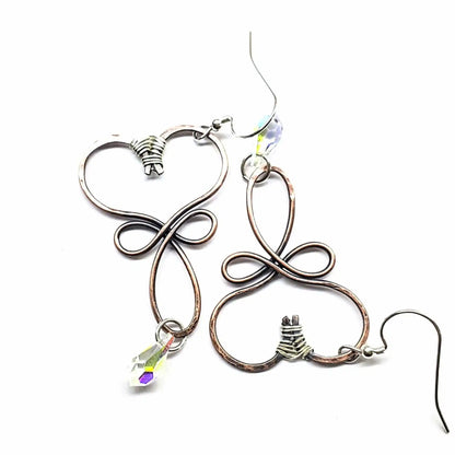 Handmade Copper Wire Sculpted Heart Crystal Drop Earrings