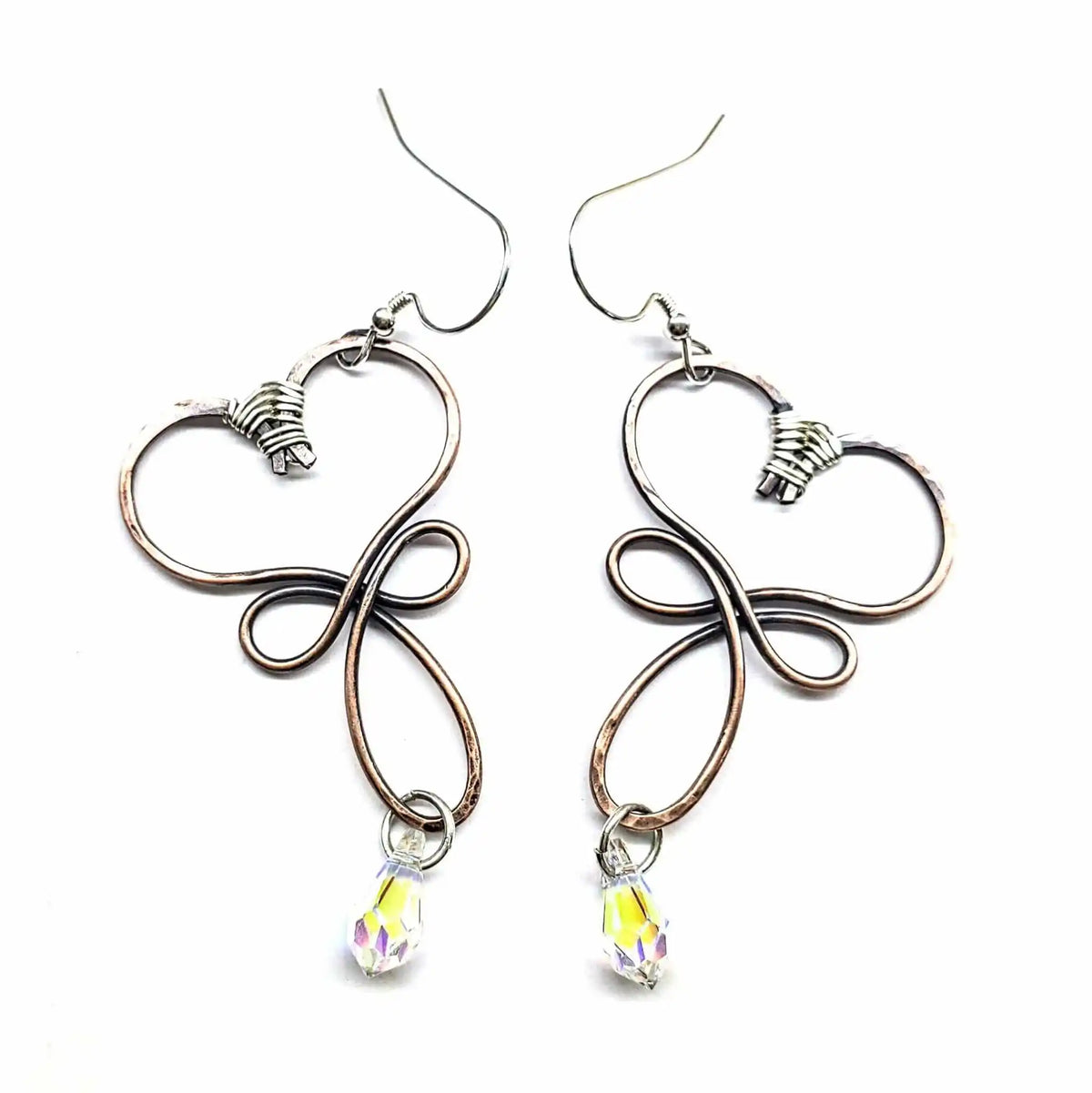 Handmade Copper Wire Sculpted Heart Crystal Drop Earrings
