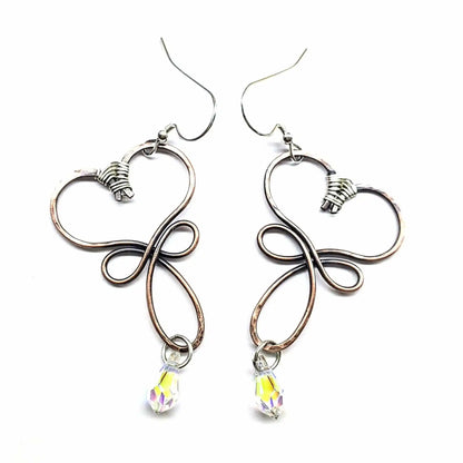 Handmade Copper Wire Sculpted Heart Crystal Drop Earrings