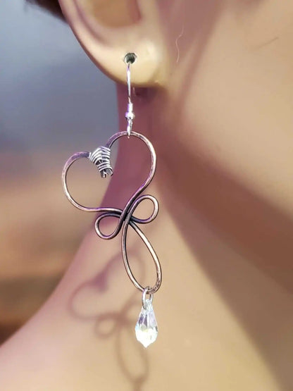 Handmade Copper Wire Sculpted Heart Crystal Drop Earrings