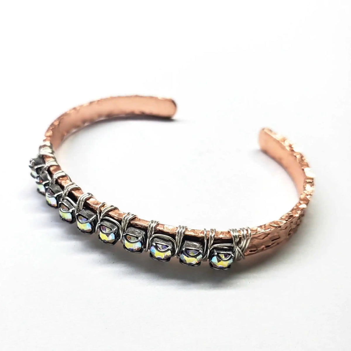 Silver Wire Wrapped Crystal Textured Copper Cuff Set