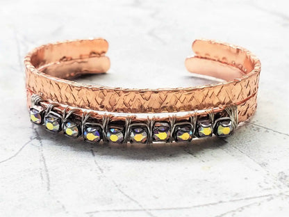 Silver Wire Wrapped Crystal Textured Copper Cuff Set