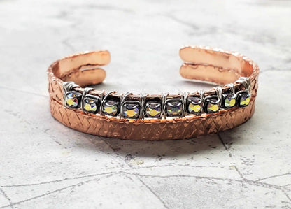 Silver Wire Wrapped Crystal Textured Copper Cuff Set