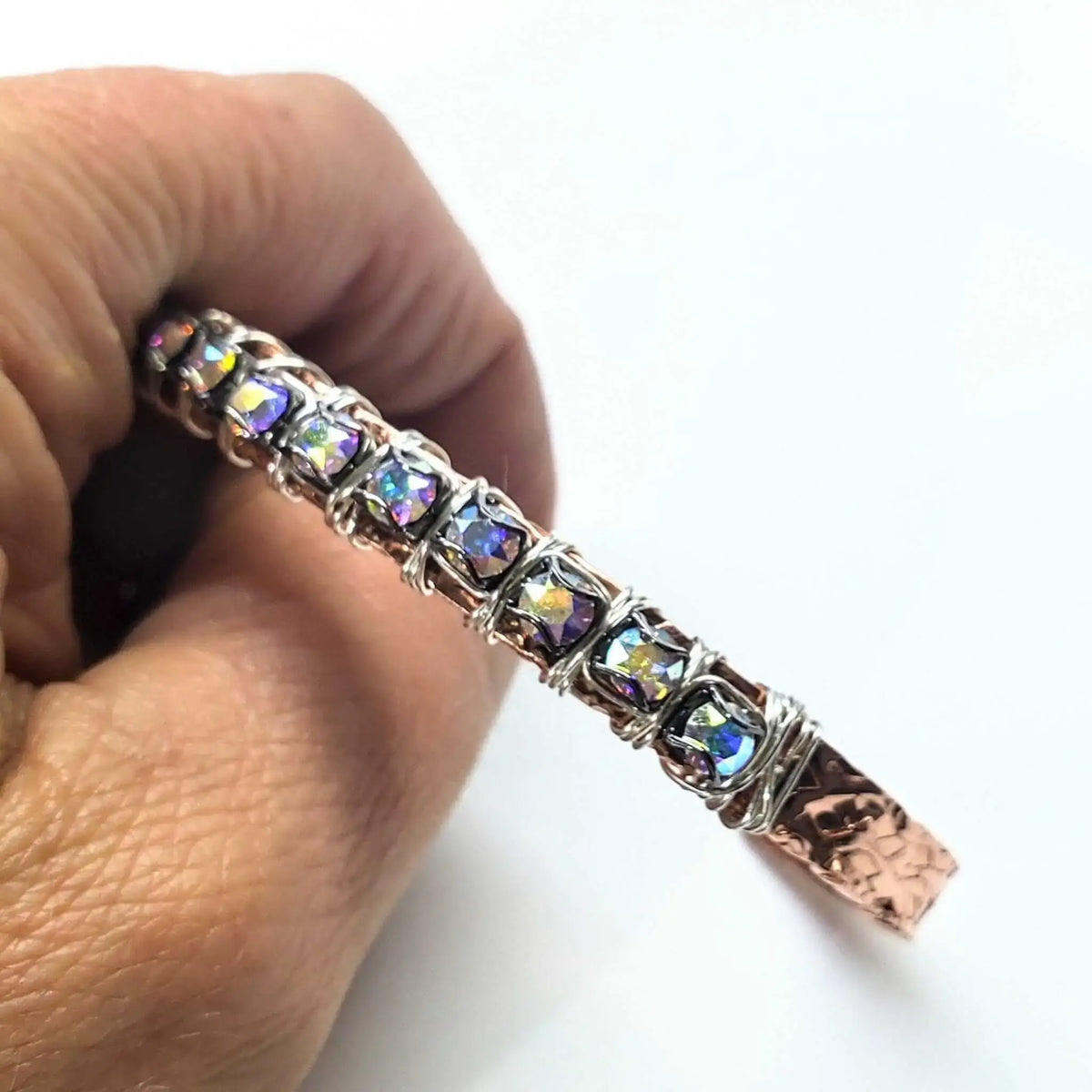 Silver Wire Wrapped Crystal Textured Copper Cuff Set