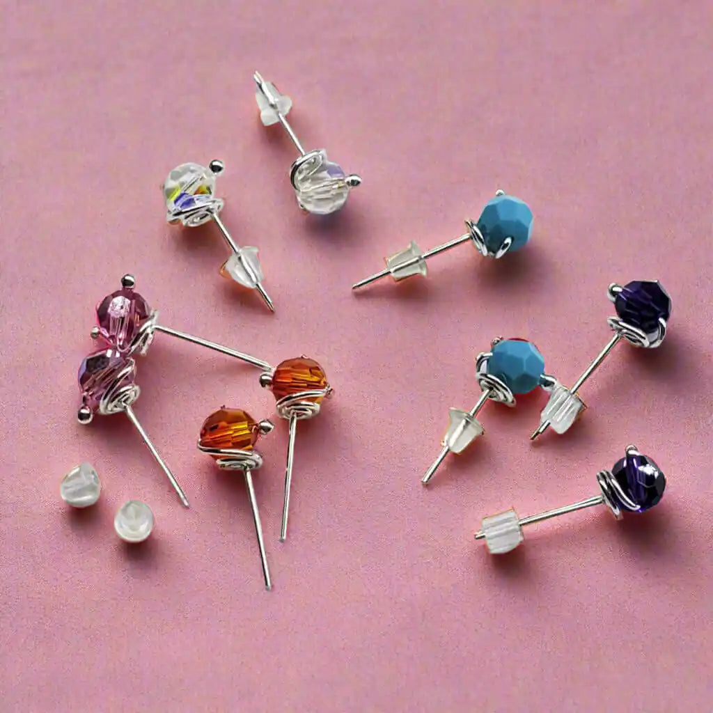 Handmade 6mm Silver Spiral Crystal Stud Earrings