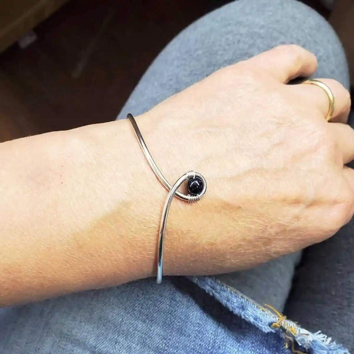 Silver Blue Bead Child Abuse Awareness Ribbon Bangle