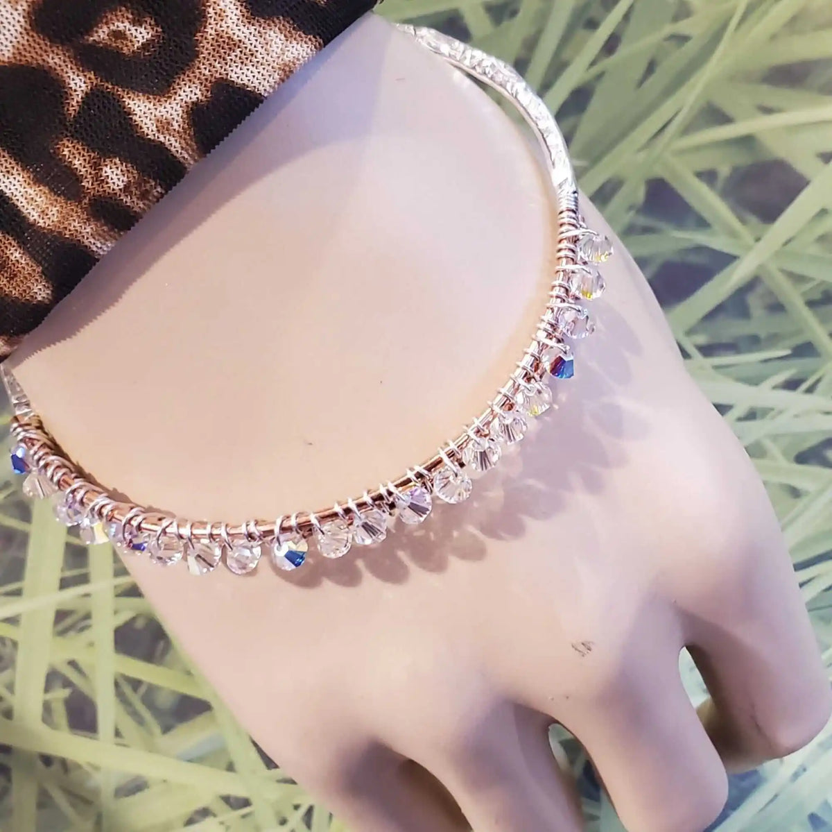 Handmade Two Metal  Embossed Wire Wrapped Crystal Bangle