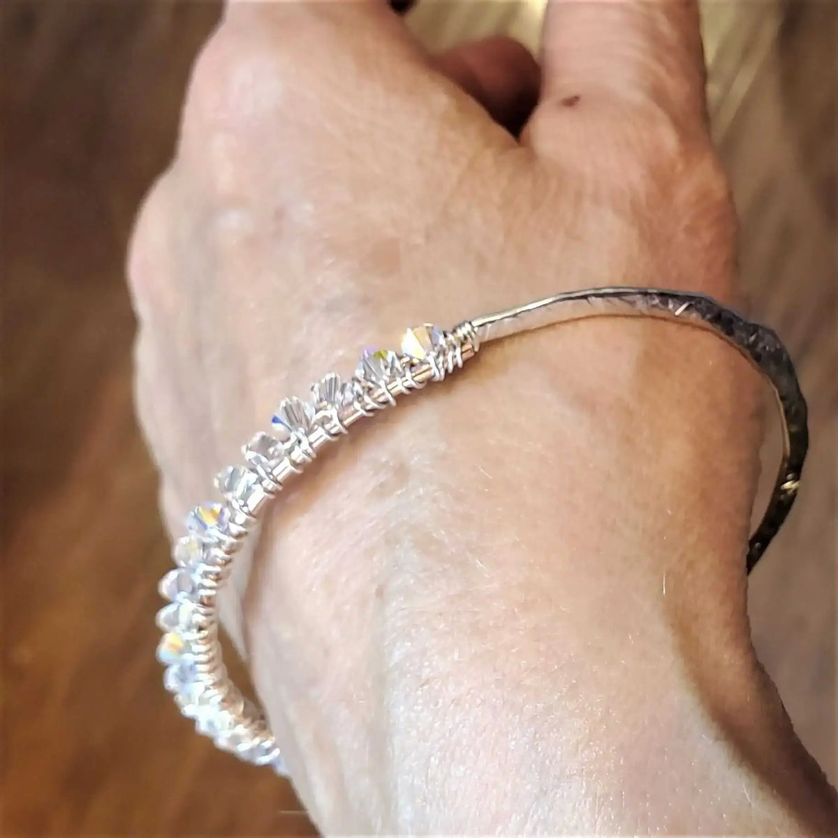 Handmade Two Metal  Embossed Wire Wrapped Crystal Bangle