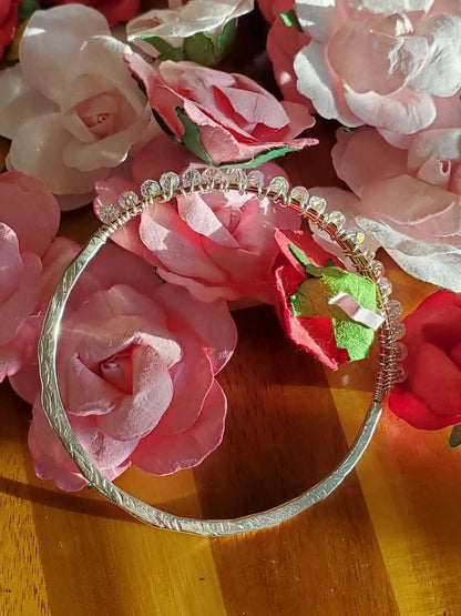 Handmade Two Metal  Embossed Wire Wrapped Crystal Bangle