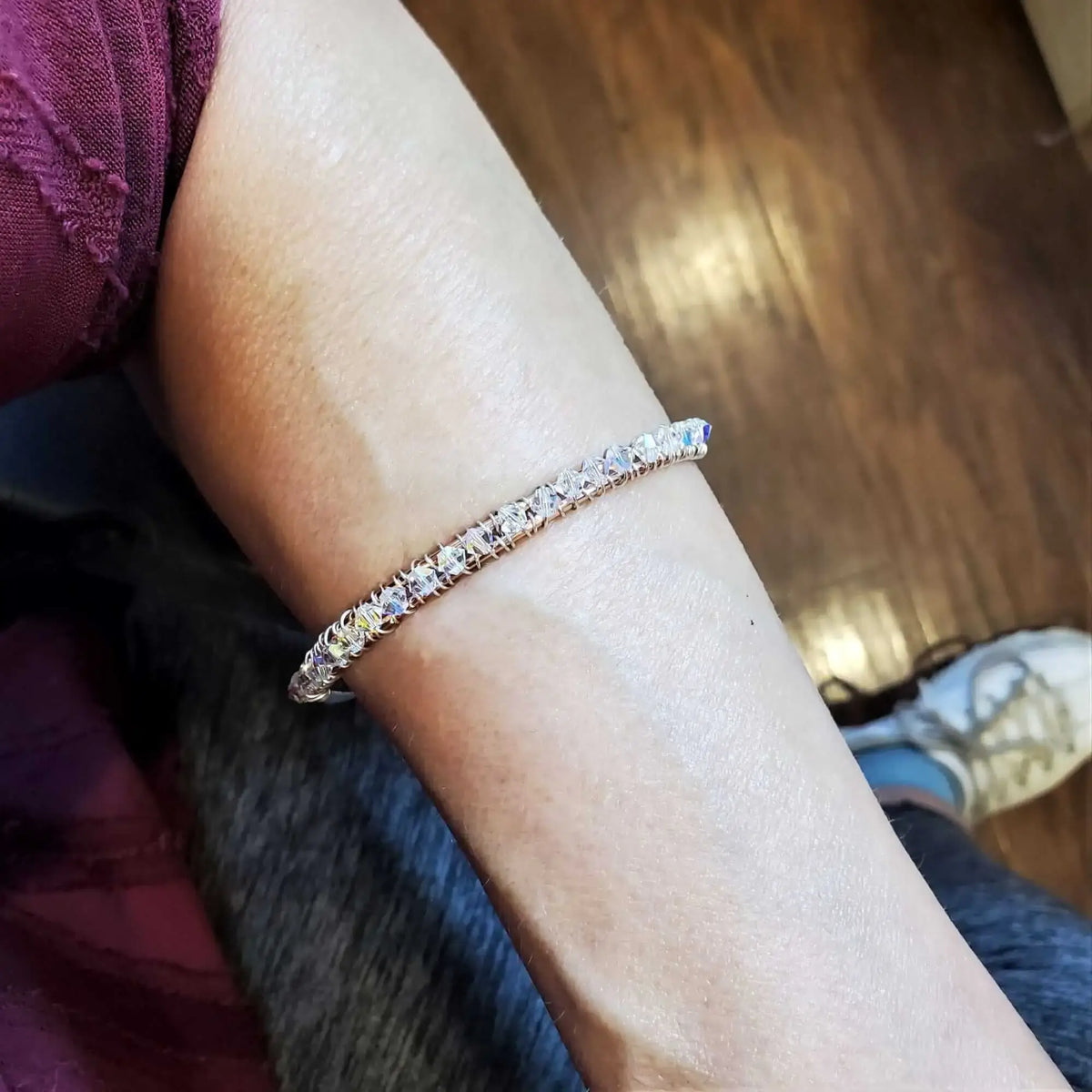 Handmade Two Metal  Embossed Wire Wrapped Crystal Bangle